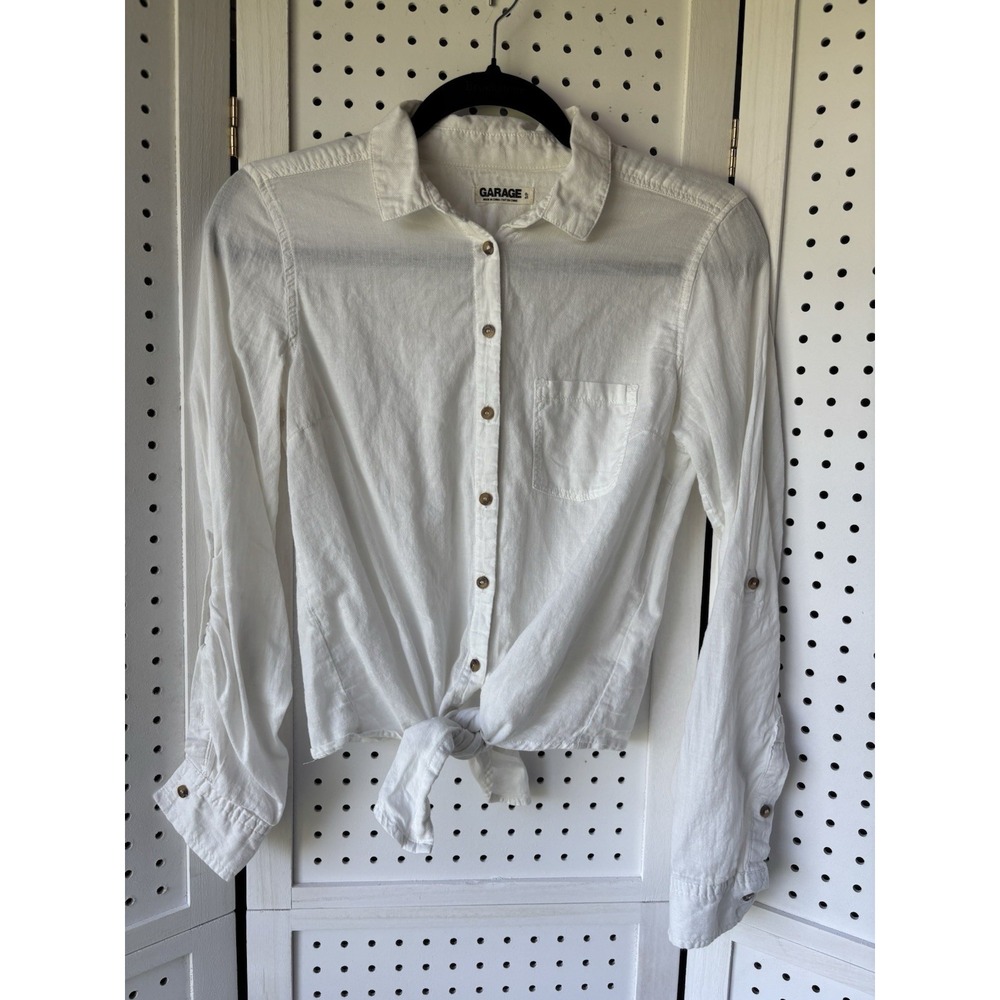 Women's Small GARAGE Brand Button Down Roll Tab Sleeve Tie‎ Front Shirt WHITE